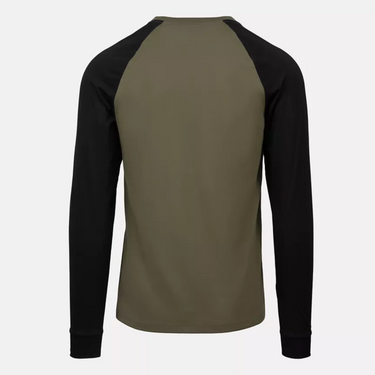 Olive green raglan long sleeve T-shirt with black sleeves, back view.