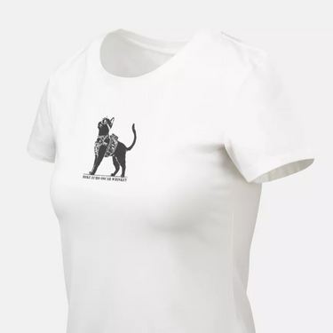 White women’s T-shirt with cat graphic on left chest.