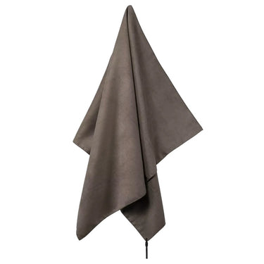Large lite field towel in olive/dark gray, folded with black drawcord closure at bottom