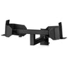 Black wall-mounted steel belt rack system with bracketed side holders