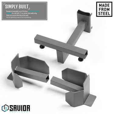 Grey steel wall belt rack system with side holders and two open trays