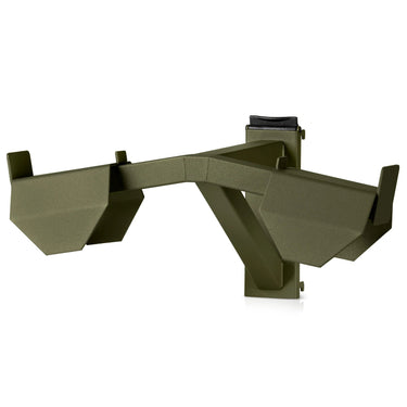 Wall-mounted vest rack system with two hinged arms, OD green