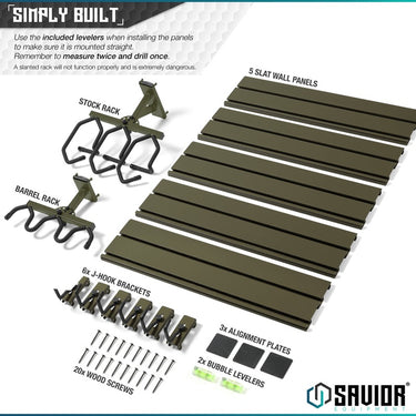 OD green 5-slat wall rack panels with J-hook brackets and alignment plates