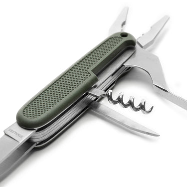 Olive drab pocket multi-tool with corkscrew and open blades