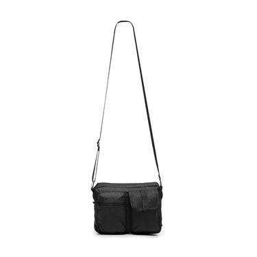 Black nylon shoulder grab bag with zip front pocket and adjustable crossbody strap