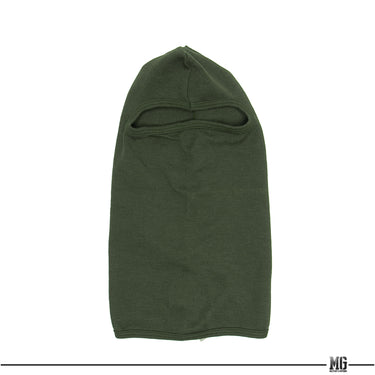 Olive drab hooded fire-resistant face mask with stitched eye opening