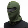 Olive drab fire-resistant face mask with padded eye opening and hooded design