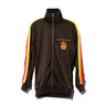 Brown zip-up track jacket with stand collar and red/yellow stripe sleeves