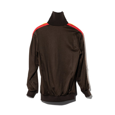 Brown track jacket with stand collar and red/yellow stripe detail on shoulders