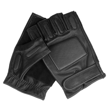 Fingerless black leather combat gloves, padded palm and knuckle panels