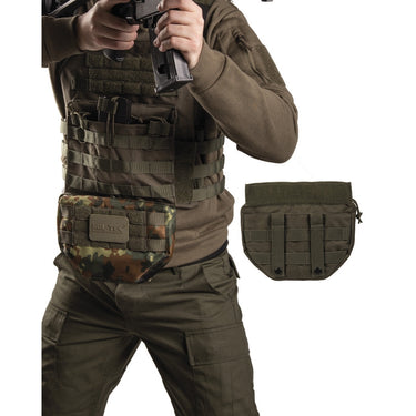 Dark tactical drop-down pouch with multiple MOLLE slots and front pocket panel
