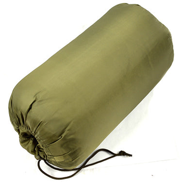 Olive travel sleeping bag with cinch cord at foot end, flat