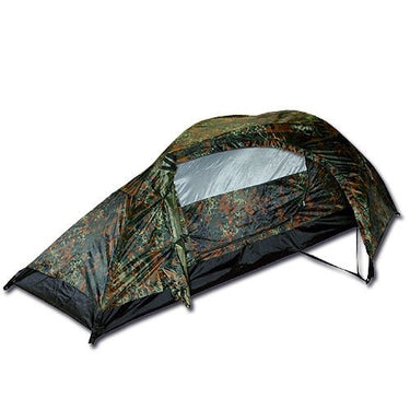 1-man camouflage tent with arched door and clear window panel
