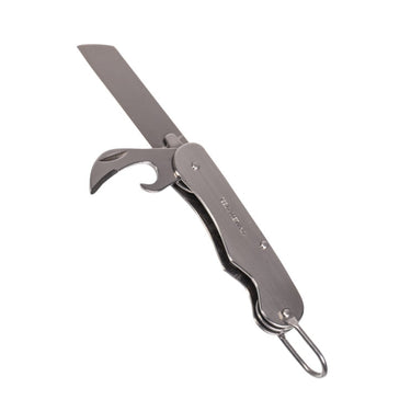 Folding pocket knife with dark handle, open blade and thumb notch, stainless steel