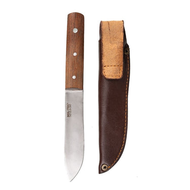 Sailor knife with stainless blade, brown wood handle, and brown leather sheath