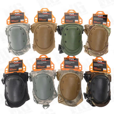 Multi-color knee protectors with oval armor plates and attachment webbing straps