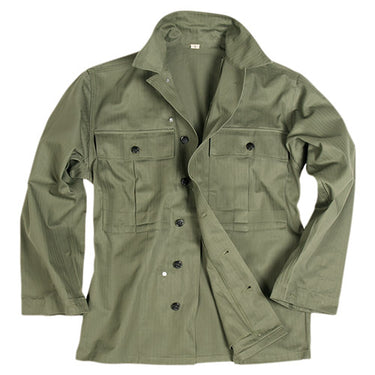 Olive drab button-front HBT uniform shirt with point collar and flap chest pockets, long sleeves