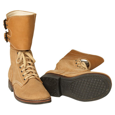 Tan lace-up combat boots with padded collar and lug sole, front and side view