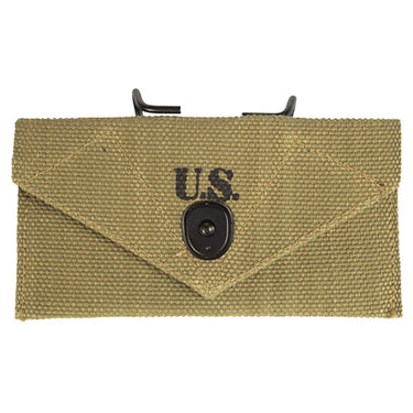 Khaki canvas first aid pouch with US marking, snap button, and metal hanger tabs