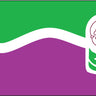 Polyester regimental flag with green and purple halves, white flower and scroll emblem