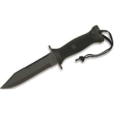 Combat knife with black textured grip and dark blade, shown with sheath strap