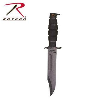 Combat knife with dark textured handle and leaf-shaped blade tip