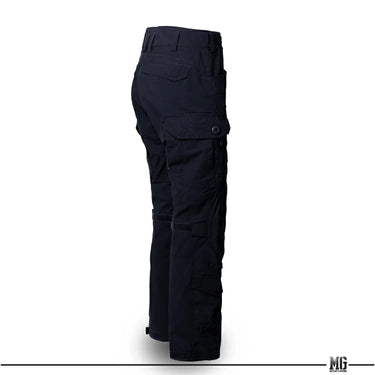 Midnight blue tactical cargo pants with side pockets and adjustable strap detail