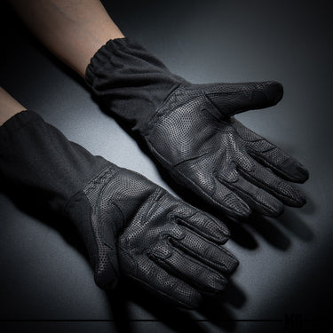 Black action gloves with palm grip texture and padded fingertips