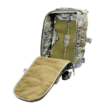 Padded laptop sleeve in camouflage, open with cushioned interior and elastic straps.