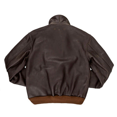 Brown A-2 leather flight jacket, back view, hooded collar and ribbed hem