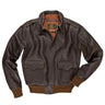 Brown A-2 leather flight jacket with stand collar, front zip, and two chest pockets