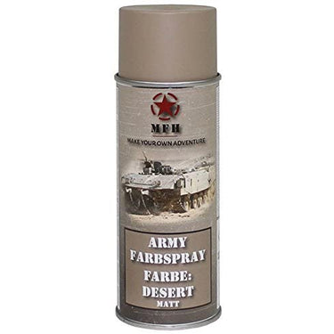 Desert tan matte army spray paint can with red emblem and front label