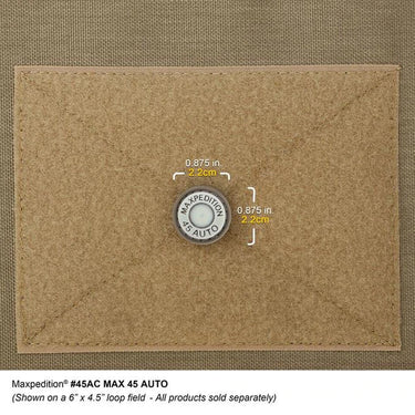 Rectangular fabric patch with circular Maxpedition 45 Auto PVC insert, tan backing