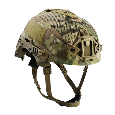 Multicam helmet cover with camouflage fabric and side accessory mount