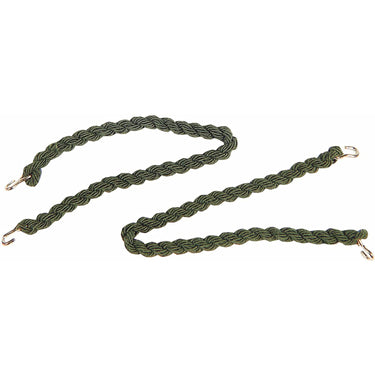 Braided trouser twist cord in olive green with metal snap clips, laid flat