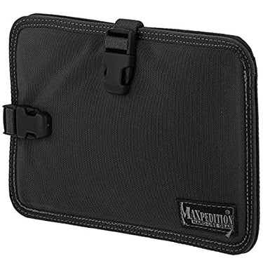 Black mini tablet insert with hook-and-loop straps and stitched border, front view