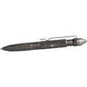 Dark tactical glassbreaker pen with textured grip and carbide tip, includes cuff key