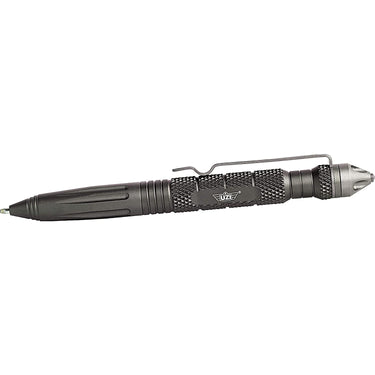 Dark tactical glassbreaker pen with textured grip and carbide tip, includes cuff key