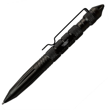 Black tactical defender pen with lanyard loop and textured grip