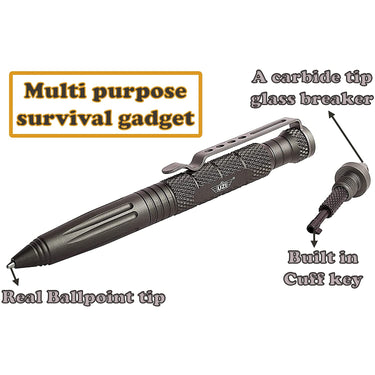Dark glassbreaker pen with carbide tip, textured grip, and built-in cuff key