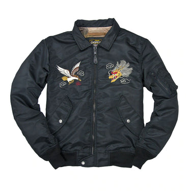 Black bomber jacket with front zipper and embroidered eagle-and-dragon patches