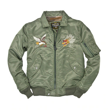 Sage green bomber jacket with embroidered winged emblem, full-zip front, snap pockets