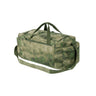 Green camouflage training duffel bag with top handles and zip front pocket