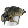 Olive and tan tactical helmet cover with side pouches and mesh panels