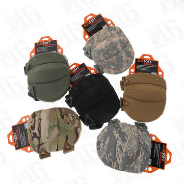 Capless knee protector set with mixed colors and camo patterns, each with side straps