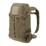Tan tactical backpack side view with padded shoulder strap and zip pocket