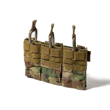 Triple MOLLE magazine pouch in camouflage with three vertical magazine retention loops