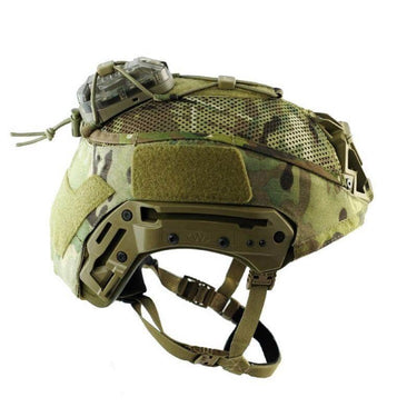 Multicam helmet cover with front rail panel and adjustable chin straps