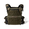 Olive green plate carrier vest with black webbing and front panel pockets.