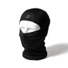 Black balaclava covering neck and cheeks with logo patch on the cap.